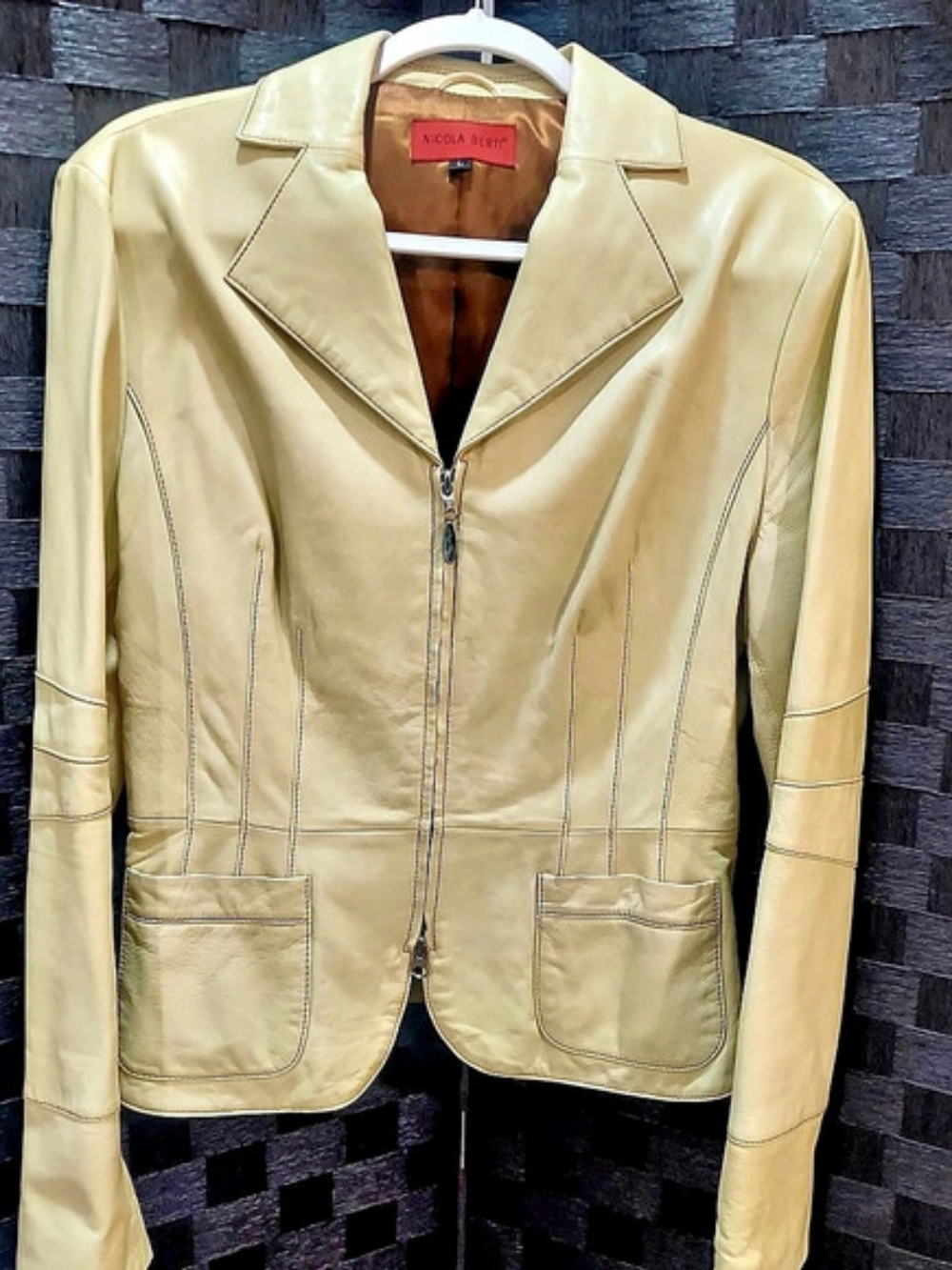 Nicola Berti Leather Zip Jacket in Light Yellow Large Like New